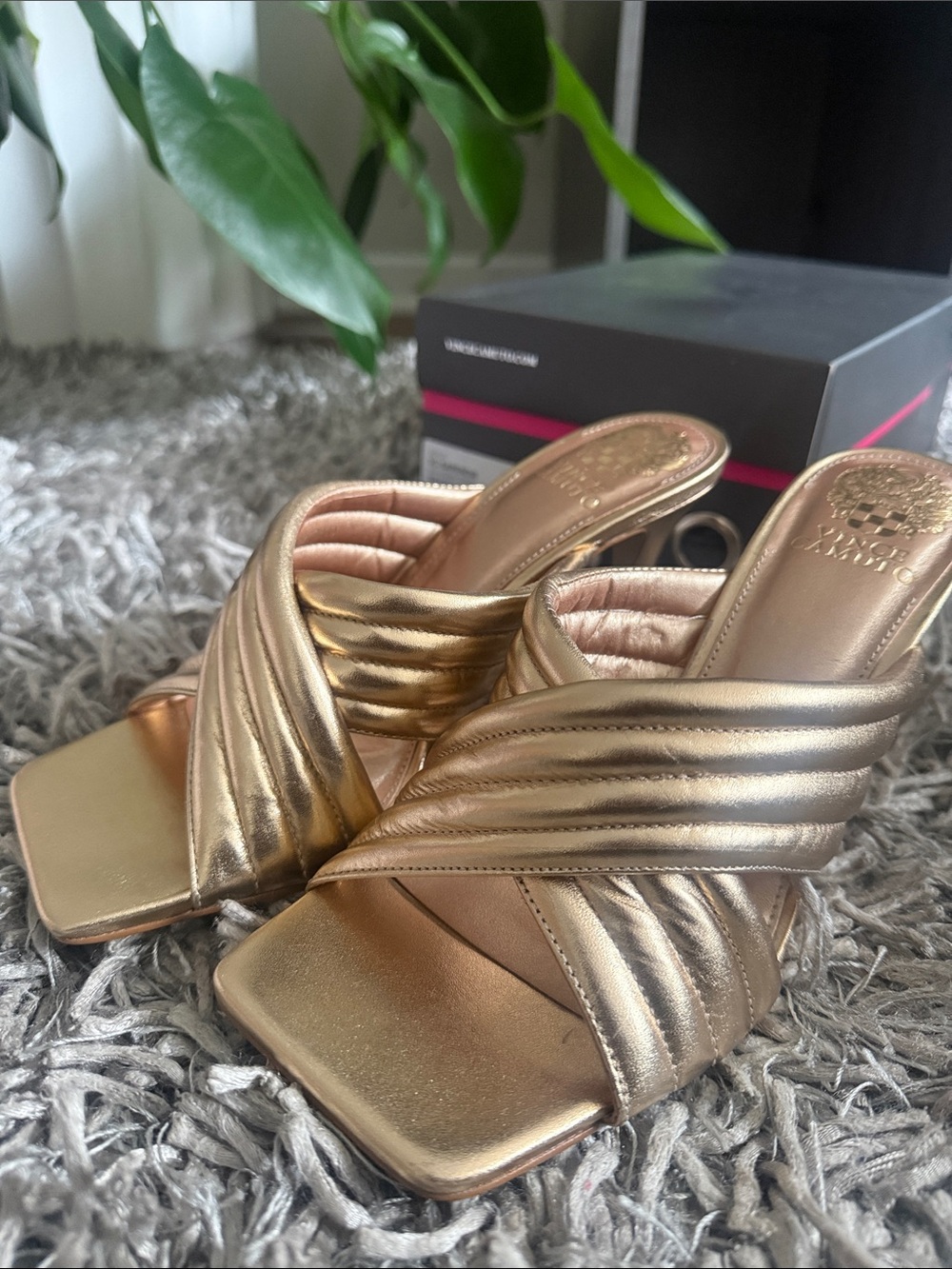 Vince Camuto Metallic Gold Quilted Slide Sandals